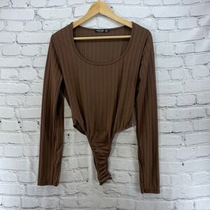 Nasty Gal Collection Bodysuit Womens Sz 12 Brown Vintage Ribbed‎ Long Sleeves